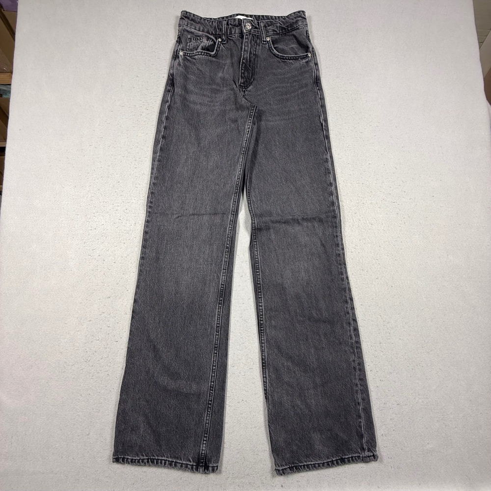 Zara High Waisted Wide Leg Jeans Faded Black Denim Womens Size 0 US 25 Waist - Picture 2 of 9